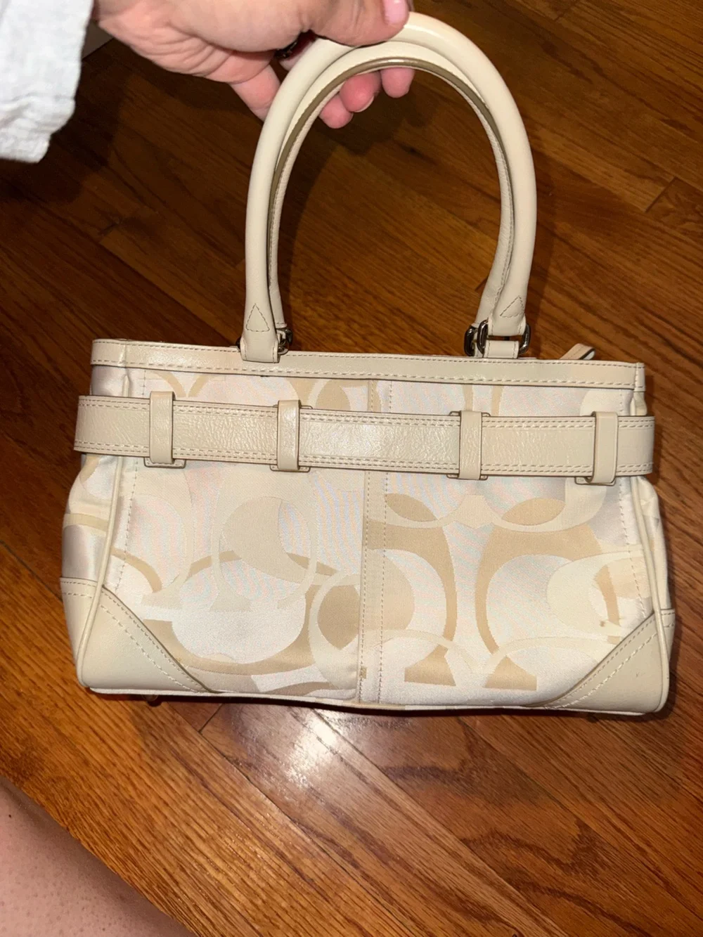 Coach Beige Tan White Satchel Top Handle Bag with Logo Print & Metal Accents Y2K